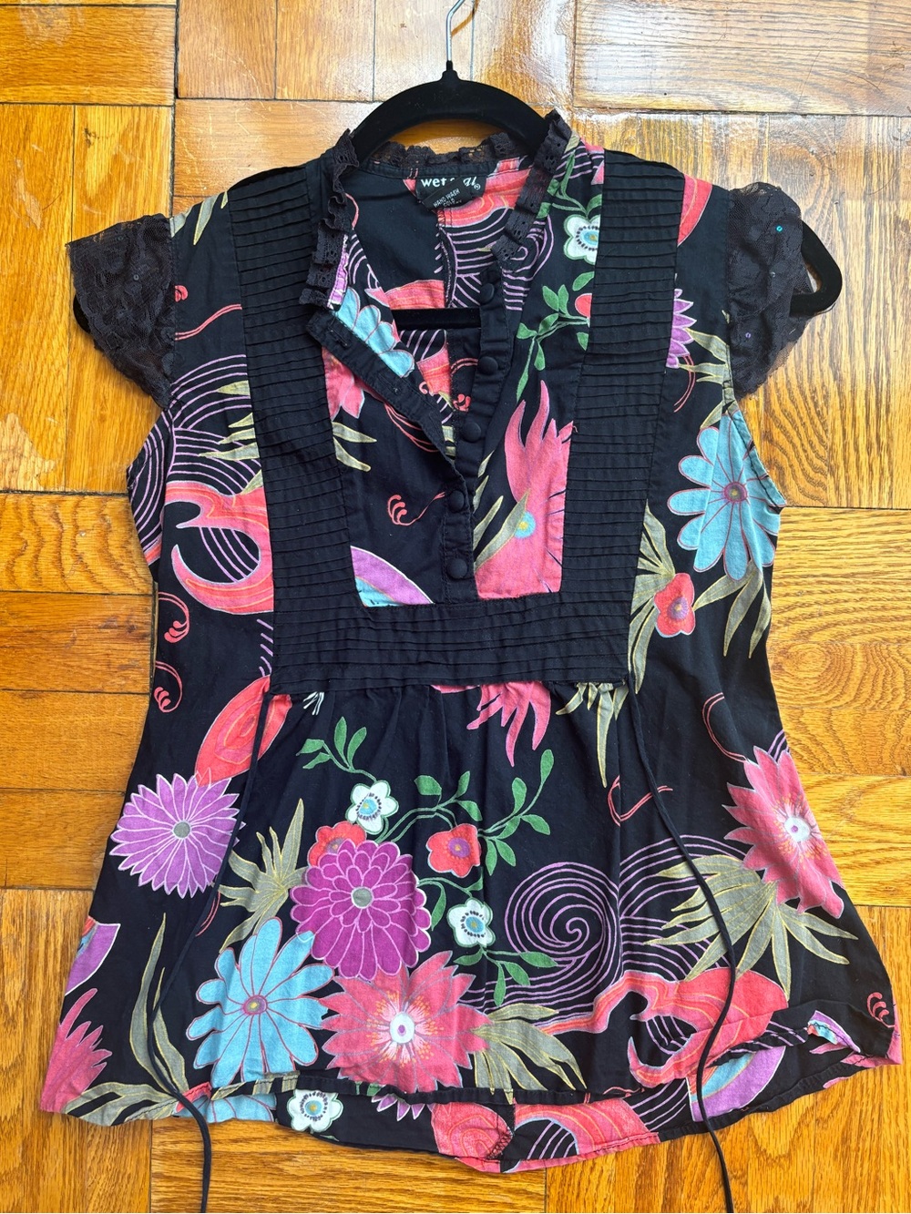 Vintage Y2K Wet Seal Floral Print Pintuck Babydoll Top Lace Sleeves - M